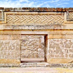 Geometric Designs around a doorway in Building 1, Mitla, which are known as "step-fret" designs