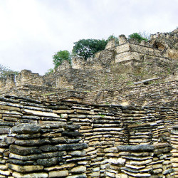 Looking up to the Palace of the Earth Monster at Tonina