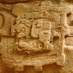 A close up of a glyph on the front of Soomorph P at Quirigua