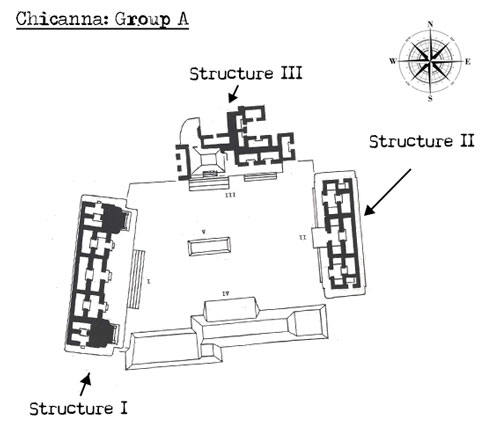 Map of Group A at Chicanna showing the triadic arrangement of its temples